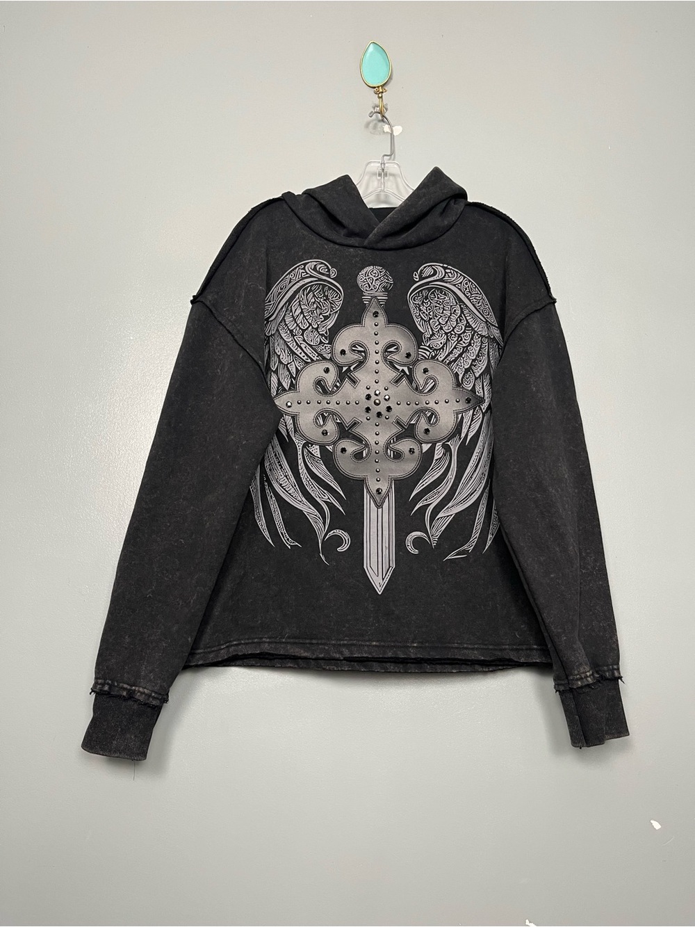 Publik NWT Y2K Gothic Hoodie Black Mineral Wash Embellished Wings Size M